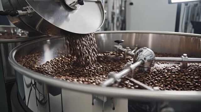 Freshly roasted coffee beans pouring into a cooling tray in an industrial roastery for quality production concept and gourmet beverage business