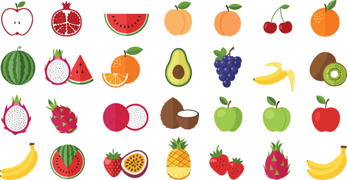Flat fruit icons collection with apple banana watermelon pineapple strawberry vector illustration fresh healthy food set isolated