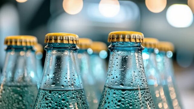 Glistening bottled beverages in vibrant motion with bright background bokeh