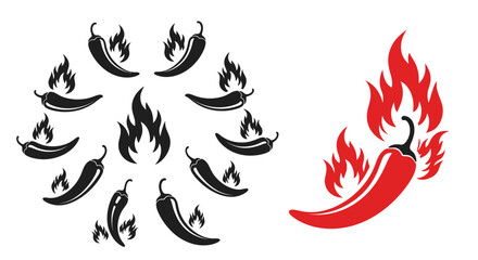 Obraz premium Stylized illustration of chili peppers some with flames in red and black