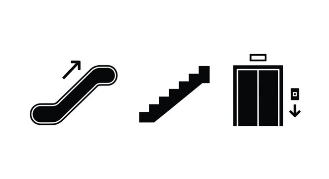 Black and white icons depicting an escalator stairs and elevator