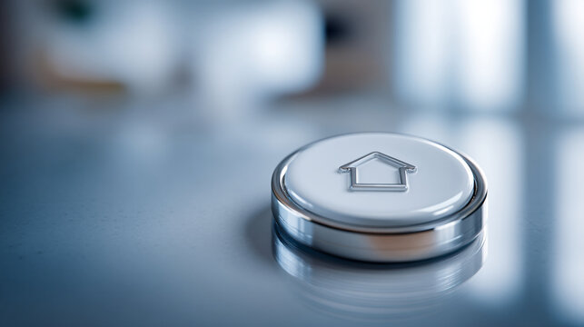 Close-up of a polished silver button with a house icon, representing home or start
