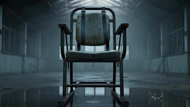 Cinematic electric chair in an abandoned prison, eerie atmosphere, dark, isolated, and haunting, ultra realistic 2026 footage