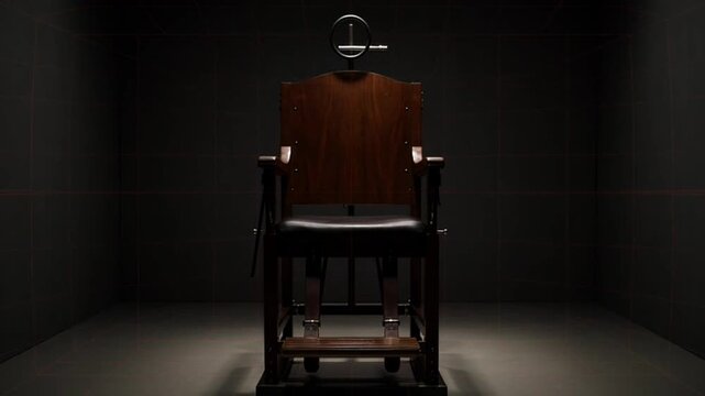 Cinematic electric chair scene in a dimly lit courtroom with a single spotlight, capturing execution, justice, law, crime, punishment