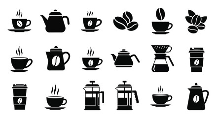 Black silhouette icons depicting coffee teapots and related brewing equipment