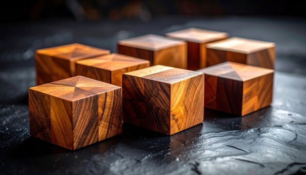FlyPro Firefly Polished wooden geometric shapes tessellating perfectly on a smooth, dark slate surface, captured in photorealistic DSLR style with soft natural light.