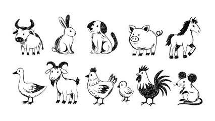 Naklejka premium Sketch Doodle Ink Inky Farm Animals Vector Set With Cow Dog Horse Pig Rabbit Goose Chicken Goat Rooster Mouse