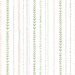 Seamless Pattern With Hand Drawn Lines And Leaf Stripes In Soft Earthy Colors