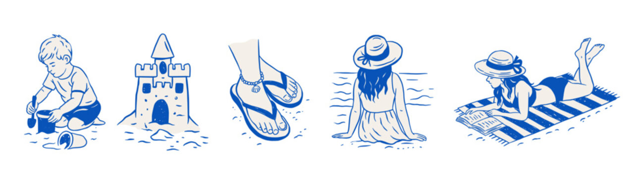 Summer Sea Vacation Beach Set - Child Sandcastle, Flip Flops, Women Relaxing, Sea Beach Doodle Sketch Vector Collection