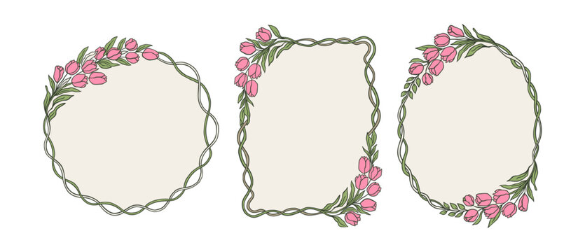 Spring Coquette Floral Tulip Frame Vector Set &ndash; Handdrawn Whimsical Girly Design for Card, Invitation, Label, Tag, Poster