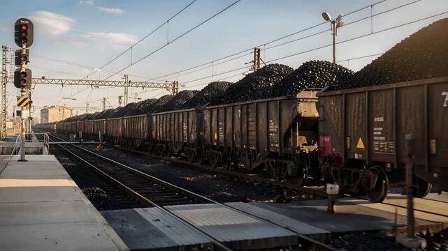 A long train filled with coal awaits departure on railroad tracks. The image evokes themes of industry, transport, energy. Suitable for illustrating logistics, trade, and fossil fuels concerns