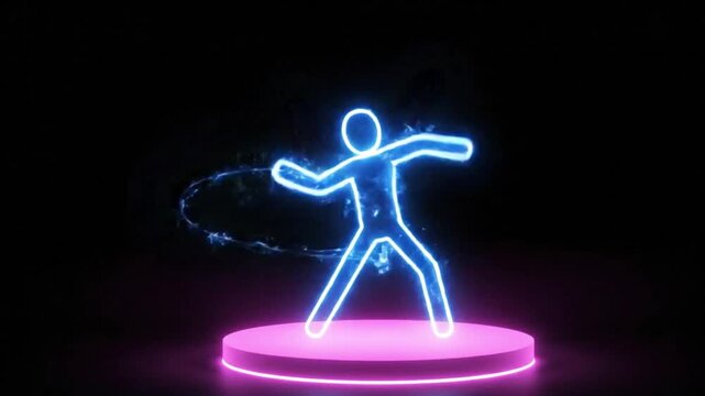 Neon Martial Arts Kick, Glowing Fighter Silhouette, Dynamic Combat Animation, Dark Background, Karate Kick Neon Light, Combat Sports Action Pose, Energy Motion Concept, Vibrant Glow.