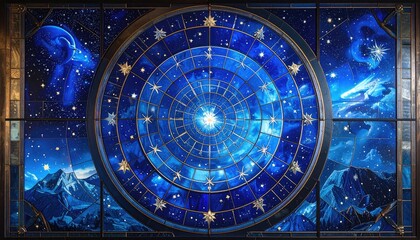 Obraz premium Ornate celestial stained glass window featuring zodiac constellations and a vibrant starry nebula background.