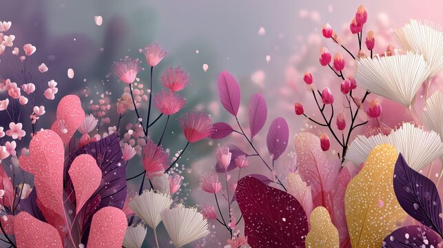 Abstract floral background with colorful stylized plants and leaves. Digital art illustration of fantasy garden