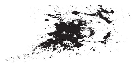 Abstract Black Ink Splatter Texture on White Background.