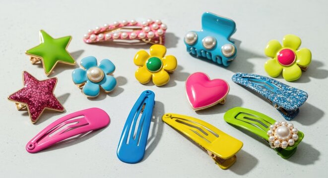 Colorful Hair Clips Assortment on White Surface.