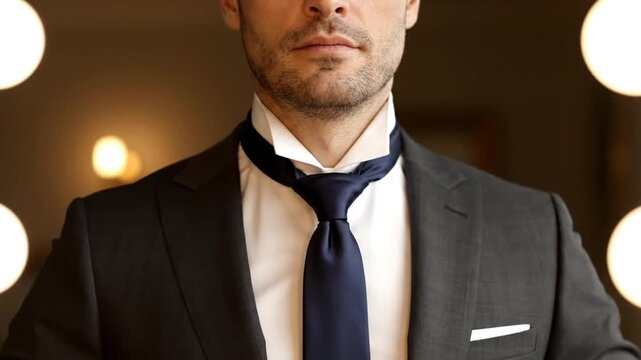 A dapper man meticulously ties a classic navy blue necktie, demonstrating the step-by-step process of achieving a perfect knot for a formal occasion. His hands expertly guide the fabric, completing h