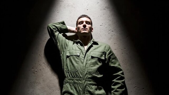 A man in a green jumpsuit stands contemplatively against a textured wall, illuminated by strong, dramatic spotlights. His consistent pose, with an arm behind his head, evokes a pensive, powerful, sol