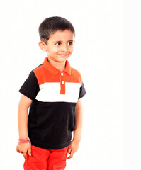 Portrait of adorable smiling boy on white background