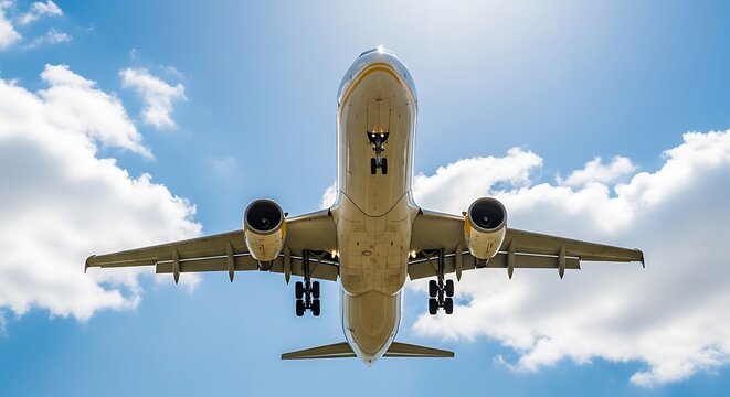 Large commercial airplane with landing gear extended flying overhead against a bright blue sky with white clouds