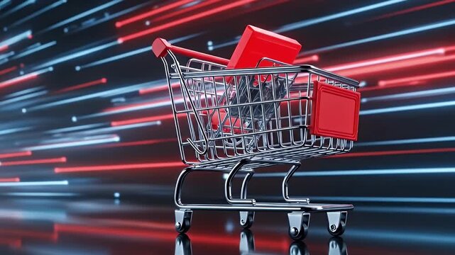 Empty Chrome Shopping Cart with Red Accents Moves Through Neon Light Streaks on Dark Background