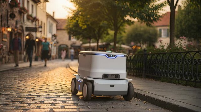 A futuristic delivery robot travels down a cobblestone street in a European town at sunset, suggesting innovation, automation, and the future of logistics in a vintage setting and sunlight