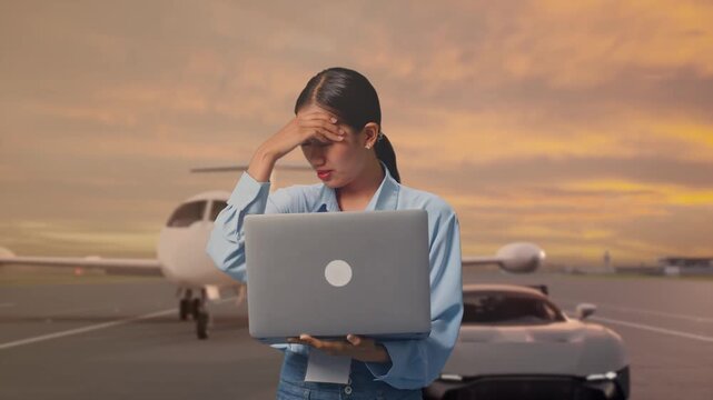 Asian Female With Her Laptop with Luxury Private Jet and Supercar on Airport Runway at Sunset, She Is Nodding Her Shead With Dissapionted