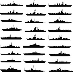 Title (22–25 words): Military warships silhouettes collection isolated on white background, navy fleet vessels side view, battleship and destroyer black vector illustration set © MdAbdur