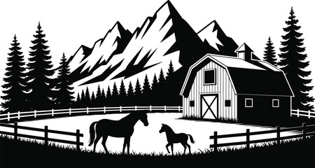 Mountain farm landscape with barn and horses silhouette, rustic countryside ranch scene, pine forest and wooden fence, black and white vector illustration © MdAbdur