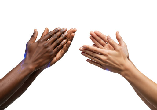 macro close-up of four multiracial hands (dark brown and olive tones) clapping firmly with vibrant electric blue motion lines on a seamless transparent background. Unity and high-energy celebration