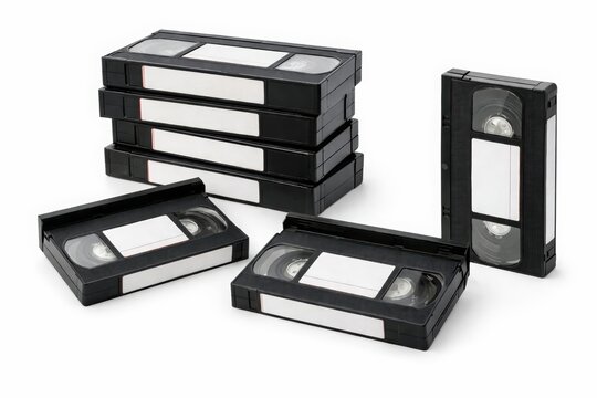 Stack of black vhs video cassettes with blank labels isolated on white background, retro magnetic tape format from 1990s home cinema era. Concept of nostalgia and obsolete media technology atmosphere
