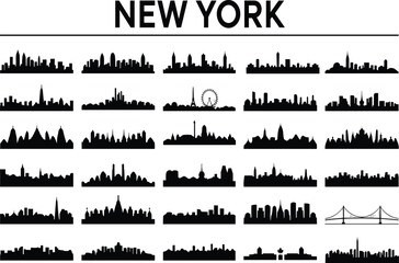 New York City Skyline Silhouette Collection Featuring Iconic Urban Landmarks and Skyscrapers in Minimal Black Vector Design for Travel and Architecture Concepts