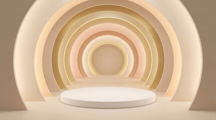 Obraz premium Pastel arch podium stage in a clean studio setting. Soft warm gradients and minimal geometry create a premium product display background. Great for mockups and branding.