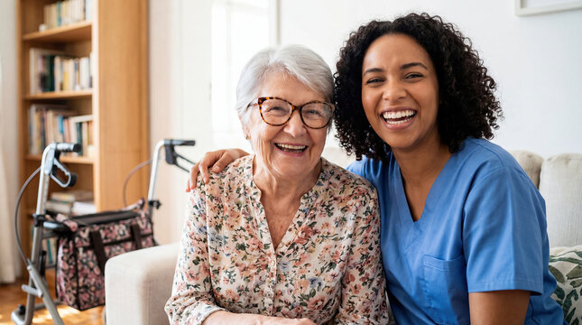 Joyful moment between elderly woman with glasses and her happy caregiver in bright living room with walker nearby