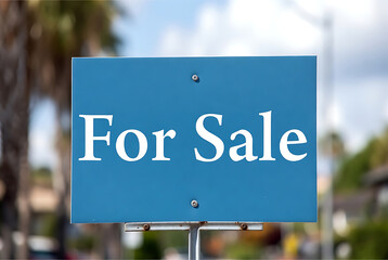 Fototapeta premium Sign blue rectangular with 'For Sale' text, attached to metal post, outdoors. featuring real estate, property, advertisement with marketing and promotion elements for business, commerce projects,