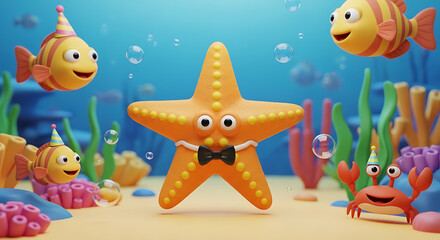 Naklejka premium Happy Starfish with Friends Underwater