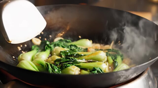 Close-up of a chef stir-frying fresh bok choy and garlic in a steaming hot wok, pouring sauce for a healthy authentic Asian cuisine concept