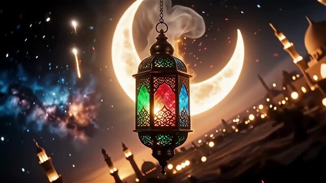 Colorful fanus lantern with green light shining in Ramadan.