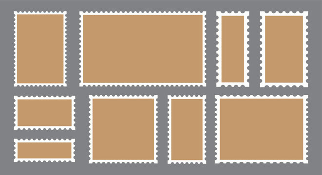 Postage stamps set. Black post stamp frames and borders. Rectangle, square template for mail, postcard, letter, note. Vector zigzag objects for badge, sticker, photo, frame. Vector illustration set