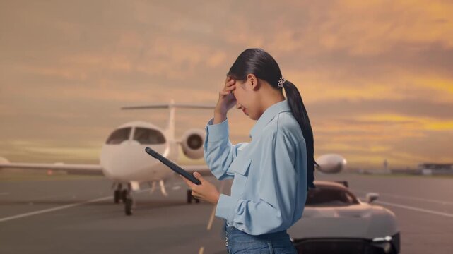 Side View Of Asian Female With Her Tablet with Luxury Private Jet and Supercar on Airport Runway at Sunset, Checking With Dissapionted And Nodding Her Shead 