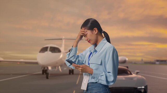 Side View Of Asian Female With Her Smartphone with Luxury Private Jet and Supercar on Airport Runway at Sunset, Checking With Dissapionted And Nodding Her Shead 
