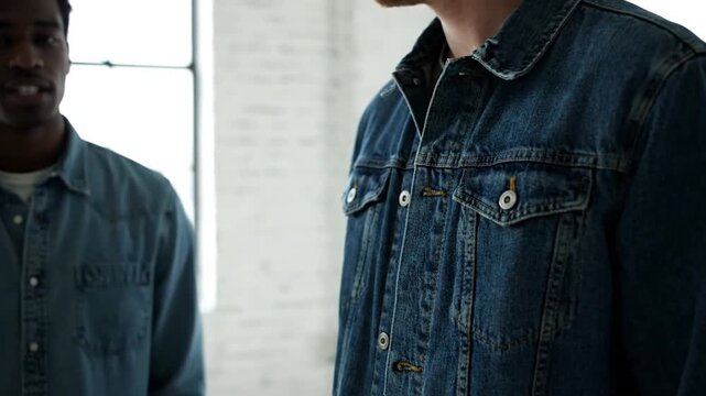 A dynamic video featuring two men, one in a denim jacket, the other in a light denim shirt, against a bright, minimalist backdrop. The sequence highlights their individual styles and expressions, wit