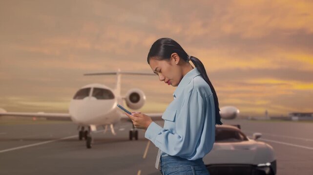 Side View Of Asian Female With Her Smartphone with Luxury Private Jet and Supercar on Airport Runway at Sunset, Checking With Dissapionted And Nodding Her Shead 