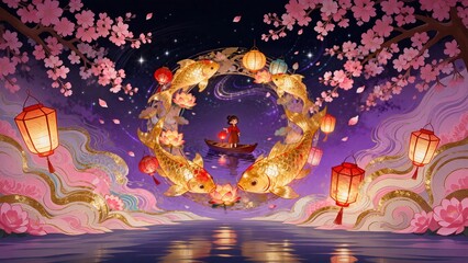 Obraz premium China-Chic Style Illustration Little Girl Carrying Lanterns