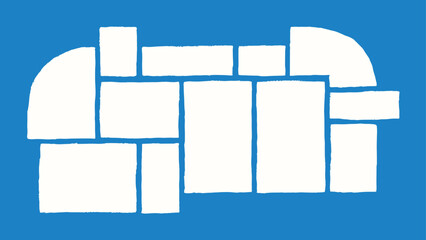 A blue rectangular background features a white abstract composition of variously sized rectangles and squares arranged in a seemingly haphazard pattern. © Mohammod Foysal SSF.