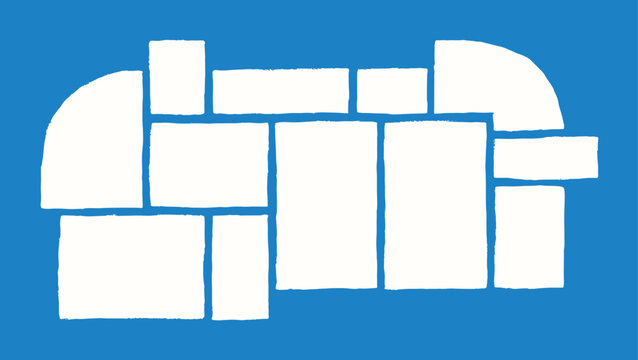 A blue rectangular background features a white abstract composition of variously sized rectangles and squares arranged in a seemingly haphazard pattern.