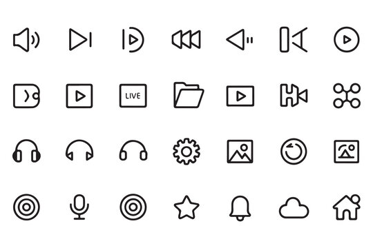 Media playback and system interface outline icons for mobile application or website dashboard design project