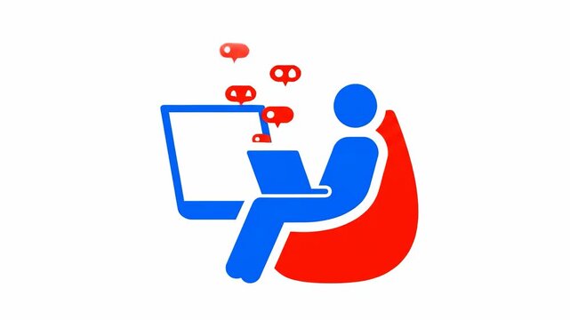 Online learning and remote work concept, person using laptop computer sitting on bean bag chair with digital icons floating around, symbolizing connectivity and digital lifestyle