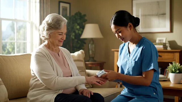 A caring nurse administers a routine health check to an elderly woman at home, using a pulse oximeter. Their warm interaction highlights compassionate, personalized in-home healthcare and patient wel
