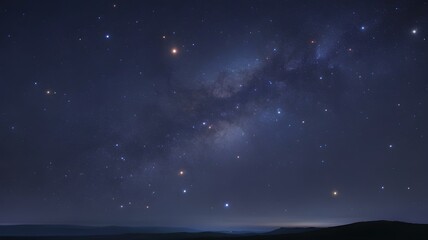 Fototapeta premium Clear night sky filled with stars and the Milky Way galaxy stretching across the horizon above a dark landscape.
